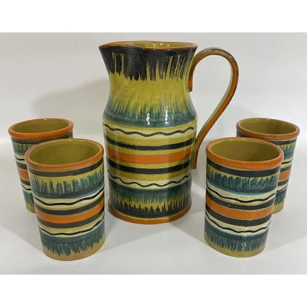 Vintage Italian Art Pottery Midcentury 60s Pitcher Cup Set Striped